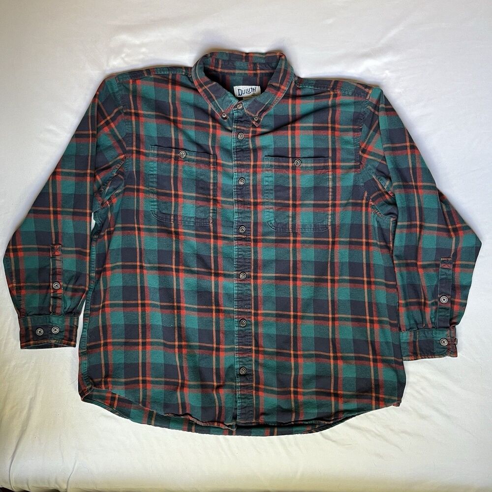 Duluth Trading Free Swingin Flannel Shirt Men’s 2XL XXL Green Orange Plaid 52007